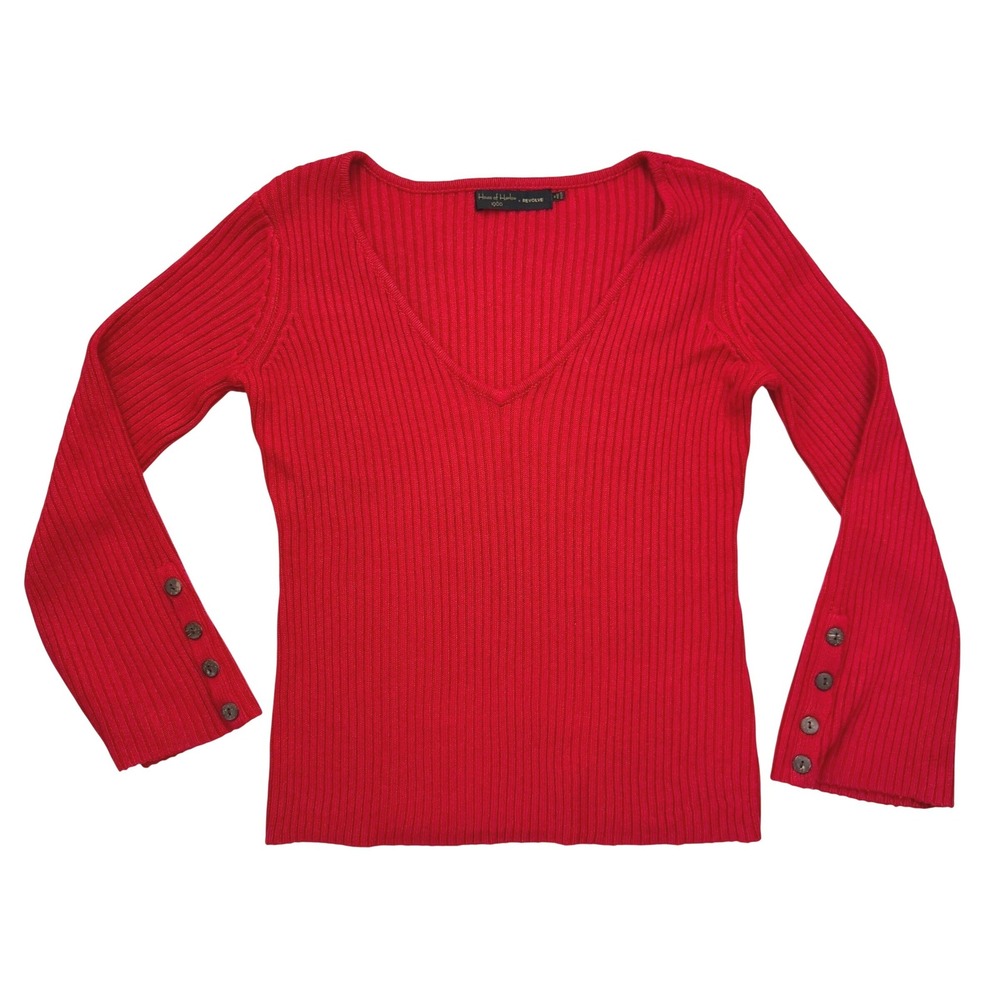 House of Harlow 1960 x REVOLVE Sweater Womens Red Ribbed V-Neck Button Cuff XS